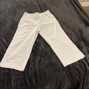 Zac & Rachel Crisp White Pull on Trousers with gold buttons no pockets SZ L